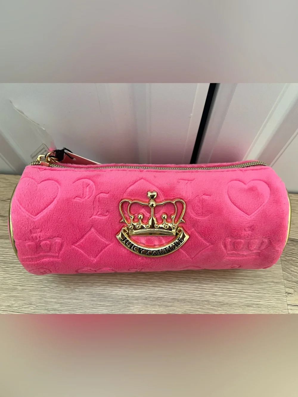 Juicy Couture hot pink velour barrel cosmetic bag